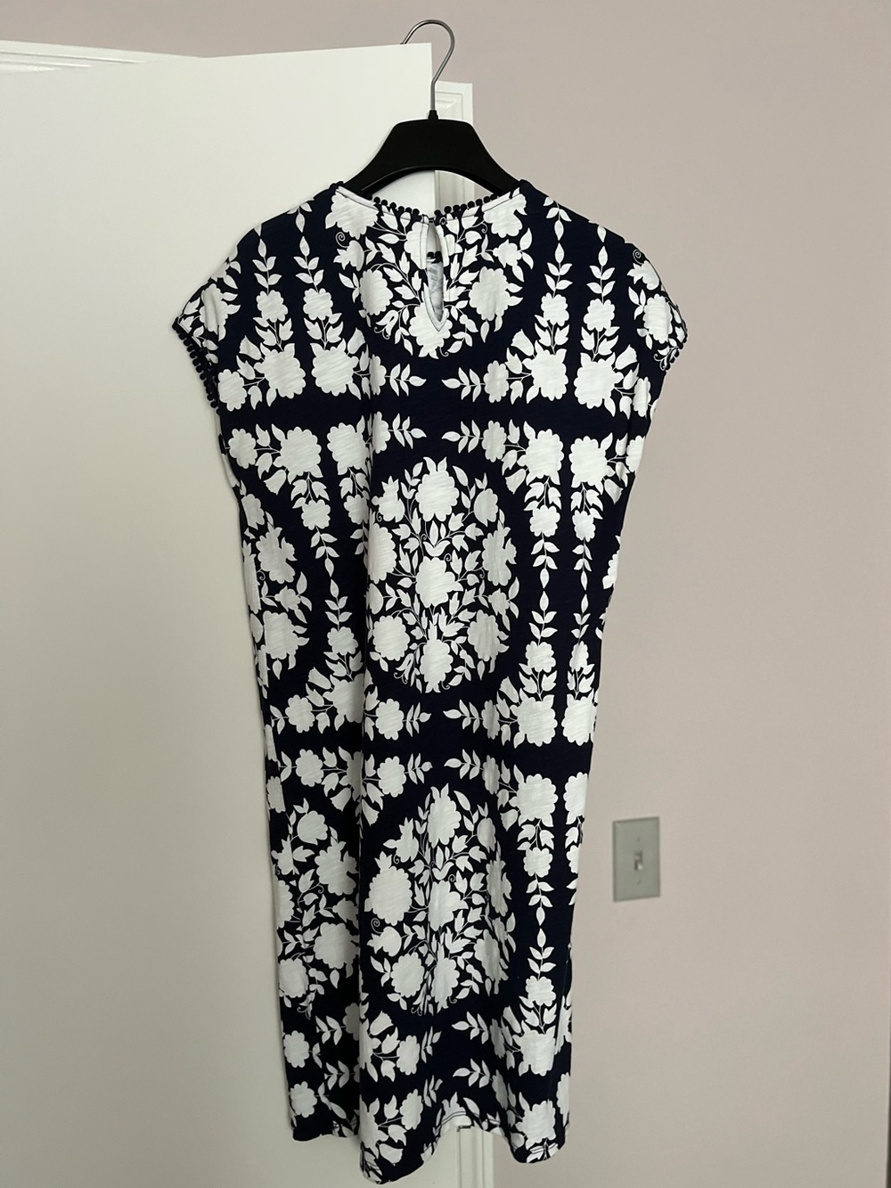 Boden Navy and White Floral Top with Pom Trim